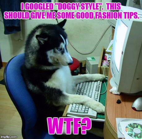 I Have No Idea What I Am Doing | I GOOGLED "DOGGY STYLE".  THIS SHOULD GIVE ME SOME GOOD FASHION TIPS. WTF? | image tagged in memes,i have no idea what i am doing | made w/ Imgflip meme maker