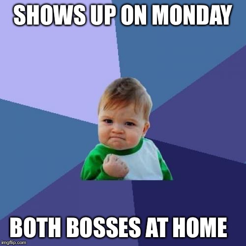 Success Kid | SHOWS UP ON MONDAY; BOTH BOSSES AT HOME | image tagged in memes,success kid | made w/ Imgflip meme maker