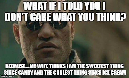 Matrix Morpheus Meme | WHAT IF I TOLD YOU I DON'T CARE WHAT YOU THINK? BECAUSE....MY WIFE THINKS I AM THE SWEETEST THING SINCE CANDY AND THE COOLEST THING SINCE ICE CREAM | image tagged in memes,matrix morpheus | made w/ Imgflip meme maker