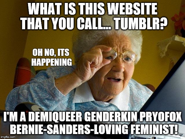 Grandma Finds The Internet | WHAT IS THIS WEBSITE THAT YOU CALL... TUMBLR? OH NO, ITS HAPPENING; I'M A DEMIQUEER GENDERKIN PRYOFOX BERNIE-SANDERS-LOVING FEMINIST! | image tagged in memes,grandma finds the internet | made w/ Imgflip meme maker