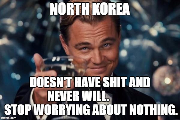Leonardo Dicaprio Cheers Meme | NORTH KOREA DOESN'T HAVE SHIT AND NEVER WILL.            STOP WORRYING ABOUT NOTHING. | image tagged in memes,leonardo dicaprio cheers | made w/ Imgflip meme maker