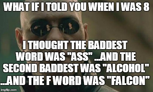 Matrix Morpheus | WHAT IF I TOLD YOU WHEN I WAS 8; I THOUGHT THE BADDEST WORD WAS "ASS"
...AND THE SECOND BADDEST WAS "ALCOHOL"; ...AND THE F WORD WAS "FALCON" | image tagged in memes,matrix morpheus,ass,alcohol,fuck,falcon | made w/ Imgflip meme maker