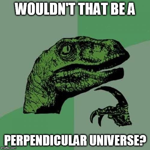 Philosoraptor Meme | WOULDN'T THAT BE A PERPENDICULAR UNIVERSE? | image tagged in memes,philosoraptor | made w/ Imgflip meme maker