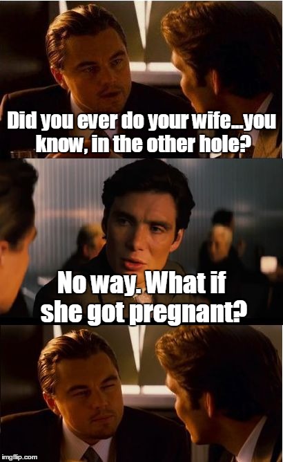 Inception Meme | Did you ever do your wife...you know, in the other hole? No way. What if she got pregnant? | image tagged in memes,inception | made w/ Imgflip meme maker