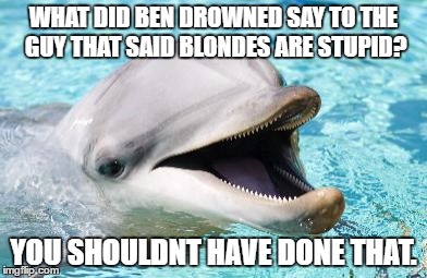 Dumb Joke Dolphin | WHAT DID BEN DROWNED SAY TO THE GUY THAT SAID BLONDES ARE STUPID? YOU SHOULDNT HAVE DONE THAT. | image tagged in dumb joke dolphin | made w/ Imgflip meme maker