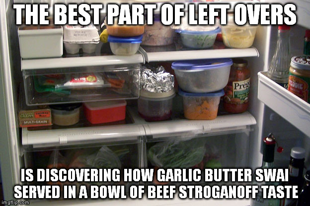 My fridge does not look like this. | THE BEST PART OF LEFT OVERS; IS DISCOVERING HOW GARLIC BUTTER SWAI SERVED IN A BOWL OF BEEF STROGANOFF TASTE | image tagged in food,home,fridge,memes | made w/ Imgflip meme maker
