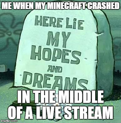 Here Lie My Hopes And Dreams |  ME WHEN MY MINECRAFT CRASHED; IN THE MIDDLE OF A LIVE STREAM | image tagged in here lie my hopes and dreams | made w/ Imgflip meme maker