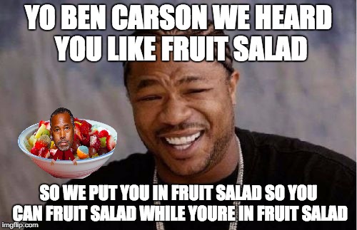 Yo Dawg Heard You Meme | YO BEN CARSON WE HEARD YOU LIKE FRUIT SALAD; SO WE PUT YOU IN FRUIT SALAD SO YOU CAN FRUIT SALAD WHILE YOURE IN FRUIT SALAD | image tagged in memes,yo dawg heard you | made w/ Imgflip meme maker