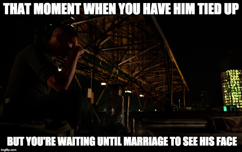 waiting | THAT MOMENT WHEN YOU HAVE HIM TIED UP; BUT YOU'RE WAITING UNTIL MARRIAGE TO SEE HIS FACE | image tagged in superheroes,funny | made w/ Imgflip meme maker