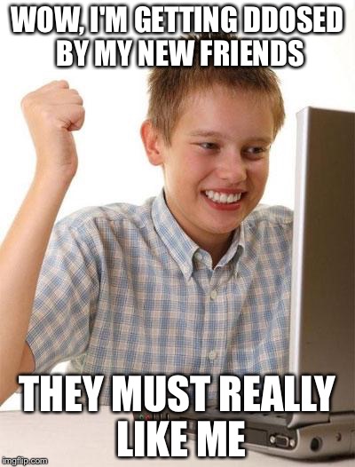 First Day On The Internet Kid | WOW, I'M GETTING DDOSED BY MY NEW FRIENDS; THEY MUST REALLY LIKE ME | image tagged in memes,first day on the internet kid | made w/ Imgflip meme maker