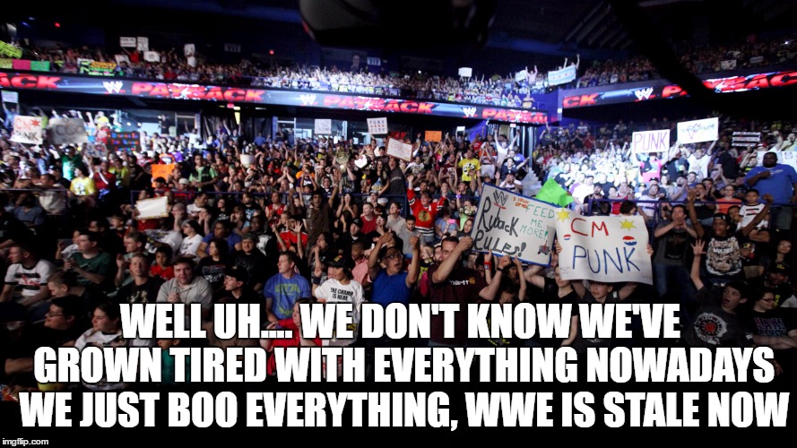 WELL UH.... WE DON'T KNOW WE'VE GROWN TIRED WITH EVERYTHING NOWADAYS WE JUST BOO EVERYTHING, WWE IS STALE NOW | made w/ Imgflip meme maker