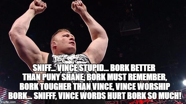 SNIFF... VINCE STUPID... BORK BETTER THAN PUNY SHANE, BORK MUST REMEMBER, BORK TOUGHER THAN VINCE, VINCE WORSHIP BORK... SNIFFF, VINCE WORDS HURT BORK SO MUCH! | made w/ Imgflip meme maker