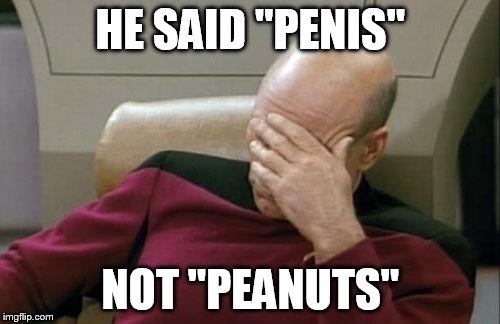 Captain Picard Facepalm Meme | HE SAID "P**IS" NOT "PEANUTS" | image tagged in memes,captain picard facepalm | made w/ Imgflip meme maker