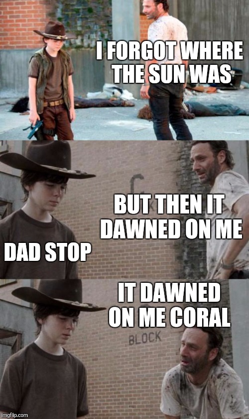 Rick and Carl 3 Meme | I FORGOT WHERE THE SUN WAS; BUT THEN IT DAWNED ON ME; DAD STOP; IT DAWNED ON ME CORAL | image tagged in memes,rick and carl 3 | made w/ Imgflip meme maker