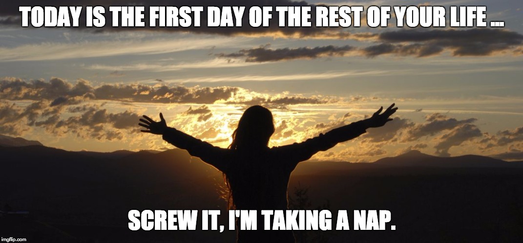 Demotivated | TODAY IS THE FIRST DAY OF THE REST OF YOUR LIFE ... SCREW IT, I'M TAKING A NAP. | image tagged in positive,irony | made w/ Imgflip meme maker