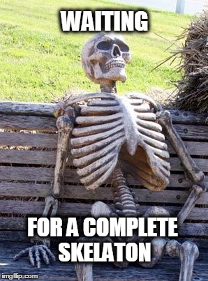 Waiting Skeleton Meme | WAITING FOR A COMPLETE SKELATON | image tagged in memes,waiting skeleton | made w/ Imgflip meme maker