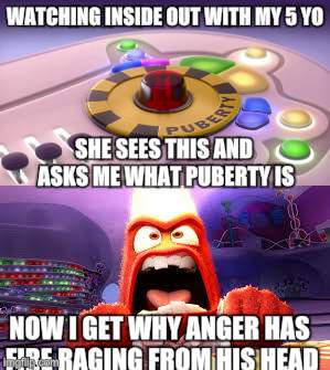 A movie so insightful it reaches kids and parents simultaneously!  | WATCHING INSIDE OUT WITH MY 5 YO; SHE SEES THIS AND ASKS ME WHAT PUBERTY IS; NOW I GET WHY ANGER HAS FIRE RAGING FROM HIS HEAD | image tagged in inside out,inside out anger,movie meme,original meme,puberty | made w/ Imgflip meme maker