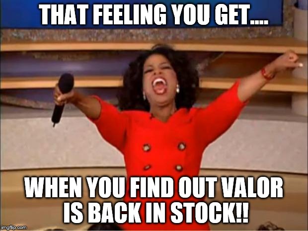 Oprah You Get A | THAT FEELING YOU GET.... WHEN YOU FIND OUT VALOR IS BACK IN STOCK!! | image tagged in memes,oprah you get a | made w/ Imgflip meme maker