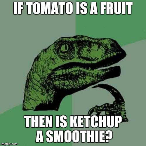 Philosoraptor | IF TOMATO IS A FRUIT; THEN IS KETCHUP A SMOOTHIE? | image tagged in memes,philosoraptor | made w/ Imgflip meme maker