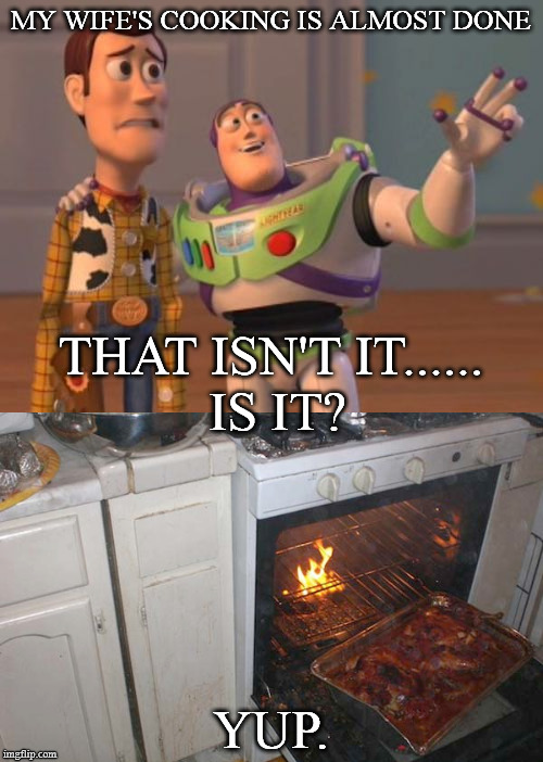Wife's cooking Disasters | MY WIFE'S COOKING IS ALMOST DONE; THAT ISN'T IT...... IS IT? YUP. | image tagged in memes,dinner,woody,buzz lightyear,oven fire,needfiredepartment | made w/ Imgflip meme maker