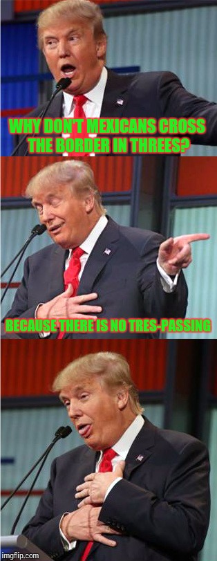 Bad Pun Trump | WHY DON'T MEXICANS CROSS THE BORDER IN THREES? BECAUSE THERE IS NO TRES-PASSING | image tagged in bad pun trump,trump,make america a meme again,murican 2016 election iq test | made w/ Imgflip meme maker