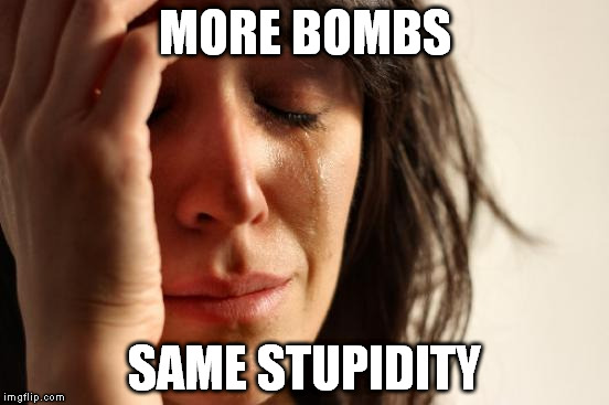 If bombs solved anything, problems would be over since WW1 | MORE BOMBS; SAME STUPIDITY | image tagged in memes,first world problems | made w/ Imgflip meme maker