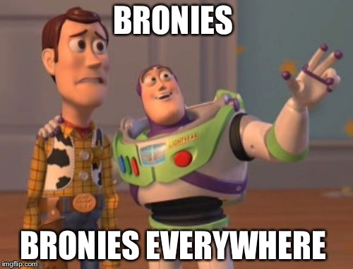 X, X Everywhere | BRONIES; BRONIES EVERYWHERE | image tagged in memes,x x everywhere | made w/ Imgflip meme maker