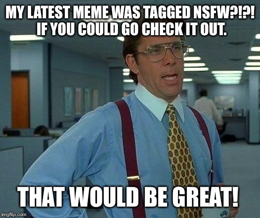 That Would Be Great | MY LATEST MEME WAS TAGGED NSFW?!?! IF YOU COULD GO CHECK IT OUT. THAT WOULD BE GREAT! | image tagged in memes,that would be great | made w/ Imgflip meme maker