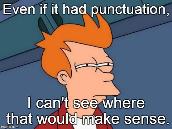 Futurama Fry Meme | Even if it had punctuation, I can't see where that would make sense. | image tagged in memes,futurama fry | made w/ Imgflip meme maker