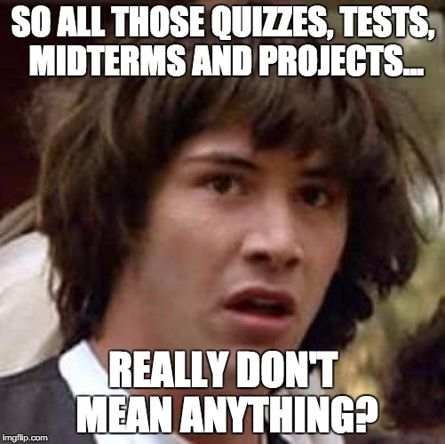 Conspiracy Keanu Meme | SO ALL THOSE QUIZZES, TESTS, MIDTERMS AND PROJECTS... REALLY DON'T MEAN ANYTHING? | image tagged in memes,conspiracy keanu | made w/ Imgflip meme maker