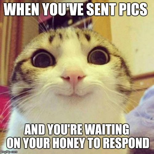 Smiling Cat Meme | WHEN YOU'VE SENT PICS; AND YOU'RE WAITING ON YOUR HONEY TO RESPOND | image tagged in memes,smiling cat | made w/ Imgflip meme maker