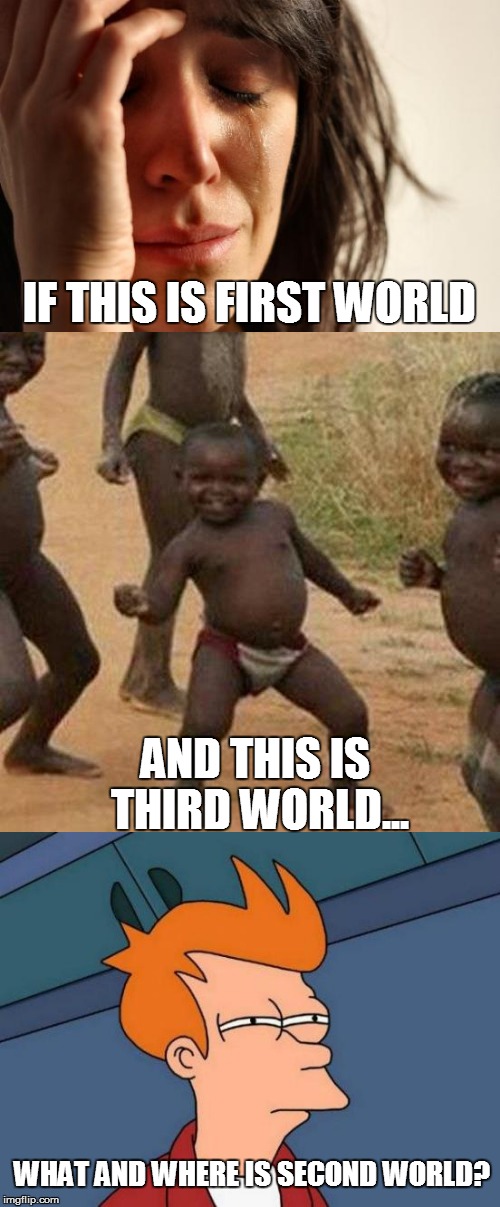 Major Question of the Day | IF THIS IS FIRST WORLD; AND THIS IS THIRD WORLD... WHAT AND WHERE IS SECOND WORLD? | image tagged in funny memes,first world problems,third world success kid,futurama fry,i don't know | made w/ Imgflip meme maker