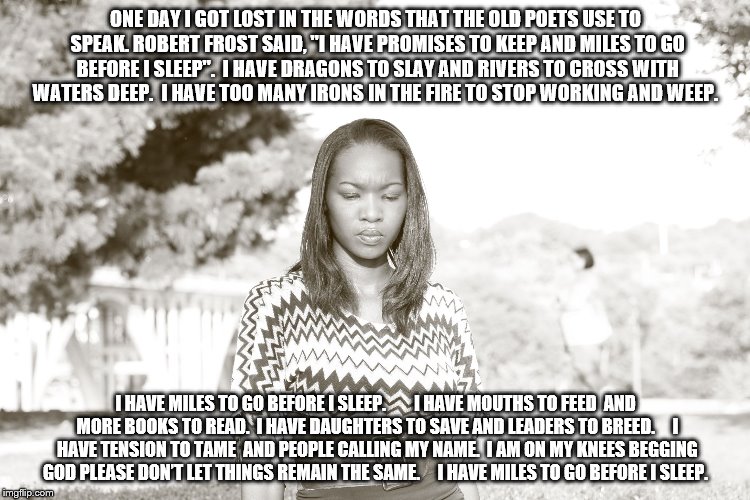 Miles To Go Before I Sleep... | ONE DAY I GOT LOST IN THE WORDS THAT THE OLD POETS USE TO SPEAK. ROBERT FROST SAID, "I HAVE PROMISES TO KEEP AND MILES TO GO BEFORE I SLEEP".

I HAVE DRAGONS TO SLAY AND RIVERS TO CROSS WITH WATERS DEEP.

I HAVE TOO MANY IRONS IN THE FIRE TO STOP WORKING AND WEEP. I HAVE MILES TO GO BEFORE I SLEEP.

 

 

I HAVE MOUTHS TO FEED

AND MORE BOOKS TO READ.

I HAVE DAUGHTERS TO SAVE AND LEADERS TO BREED.

 

I HAVE TENSION TO TAME

AND PEOPLE CALLING MY NAME.

I AM ON MY KNEES BEGGING GOD PLEASE DON’T LET THINGS REMAIN THE SAME.

 

I HAVE MILES TO GO BEFORE I SLEEP. | image tagged in work | made w/ Imgflip meme maker