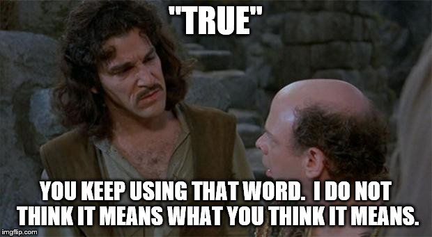 Princess Bride | "TRUE"; YOU KEEP USING THAT WORD.  I DO NOT THINK IT MEANS WHAT YOU THINK IT MEANS. | image tagged in princess bride | made w/ Imgflip meme maker