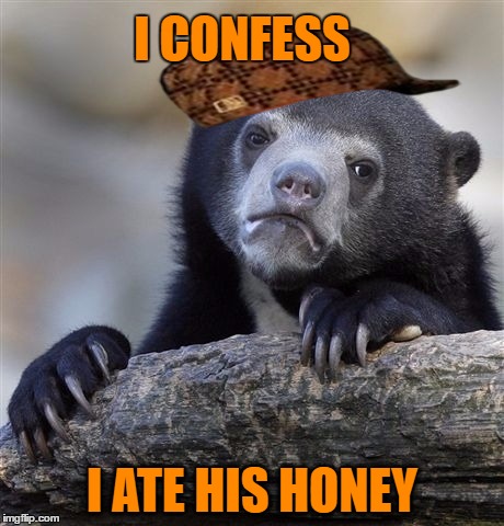 Confession Bear | I CONFESS; I ATE HIS HONEY | image tagged in memes,confession bear,scumbag | made w/ Imgflip meme maker