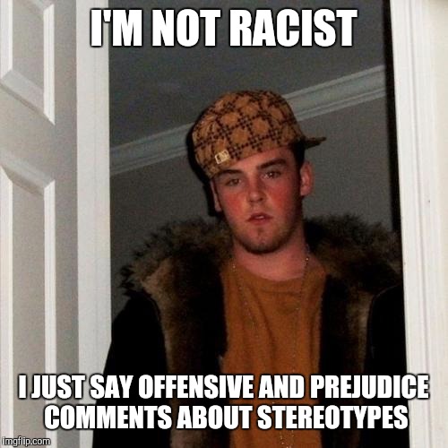 Racist? Nah, not me | I'M NOT RACIST; I JUST SAY OFFENSIVE AND PREJUDICE COMMENTS ABOUT STEREOTYPES | image tagged in memes,scumbag steve,racist,are you sure,lier | made w/ Imgflip meme maker