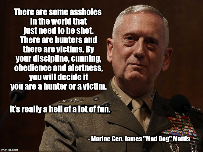 Seriously, Don't Mess With a Marine! | There are some assholes in the world that just need to be shot. There are hunters and there are victims. By your discipline, cunning, obedience and alertness, you will decide if you are a hunter or a victim. It’s really a hell of a lot of fun. - Marine Gen. James "Mad Dog" Mattis | image tagged in mad dog,mattis,marines | made w/ Imgflip meme maker