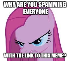 Pinkie's mad | WHY ARE YOU SPAMMING EVERYONE WITH THE LINK TO THIS MEME? | image tagged in pinkie's mad | made w/ Imgflip meme maker