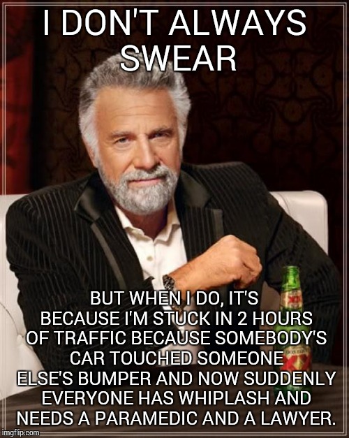 The Most Interesting Man In The World | I DON'T ALWAYS SWEAR; BUT WHEN I DO, IT'S BECAUSE I'M STUCK IN 2 HOURS OF TRAFFIC BECAUSE SOMEBODY'S CAR TOUCHED SOMEONE ELSE'S BUMPER AND NOW SUDDENLY EVERYONE HAS WHIPLASH AND NEEDS A PARAMEDIC AND A LAWYER. | image tagged in memes,the most interesting man in the world | made w/ Imgflip meme maker