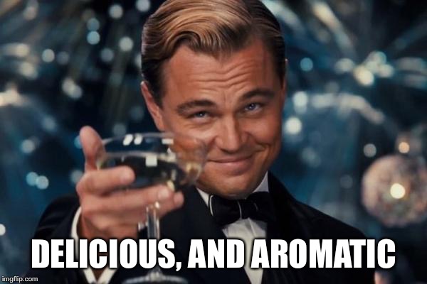 Leonardo Dicaprio Cheers Meme | DELICIOUS, AND AROMATIC | image tagged in memes,leonardo dicaprio cheers | made w/ Imgflip meme maker