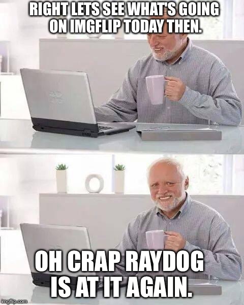 Hide the Pain Harold | RIGHT LETS SEE WHAT'S GOING ON IMGFLIP TODAY THEN. OH CRAP RAYDOG IS AT IT AGAIN. | image tagged in memes,hide the pain harold | made w/ Imgflip meme maker