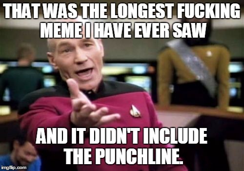 Picard Wtf Meme | THAT WAS THE LONGEST F**KING MEME I HAVE EVER SAW AND IT DIDN'T INCLUDE THE PUNCHLINE. | image tagged in memes,picard wtf | made w/ Imgflip meme maker