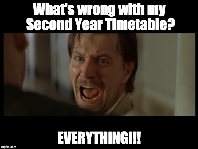 Gary Oldman Everyone | What's wrong with my Second Year Timetable? EVERYTHING!!! | image tagged in gary oldman everyone | made w/ Imgflip meme maker