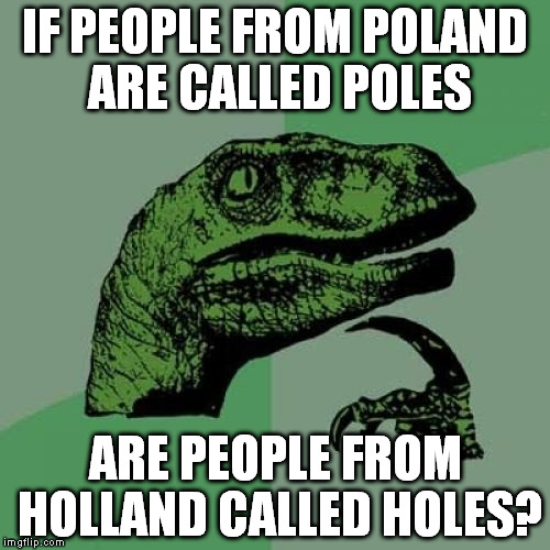 Country Meme :) | IF PEOPLE FROM POLAND ARE CALLED POLES; ARE PEOPLE FROM HOLLAND CALLED HOLES? | image tagged in memes,philosoraptor,poland,holand | made w/ Imgflip meme maker
