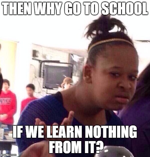 THEN WHY GO TO SCHOOL IF WE LEARN NOTHING FROM IT? | image tagged in memes,black girl wat | made w/ Imgflip meme maker