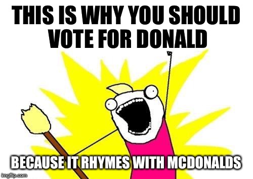 X All The Y | THIS IS WHY YOU SHOULD VOTE FOR DONALD; BECAUSE IT RHYMES WITH MCDONALDS | image tagged in memes,x all the y | made w/ Imgflip meme maker