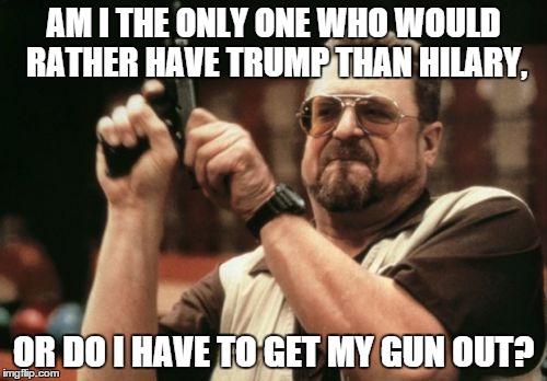 Am I The Only One Around Here Meme | AM I THE ONLY ONE WHO WOULD RATHER HAVE TRUMP THAN HILARY, OR DO I HAVE TO GET MY GUN OUT? | image tagged in memes,am i the only one around here | made w/ Imgflip meme maker