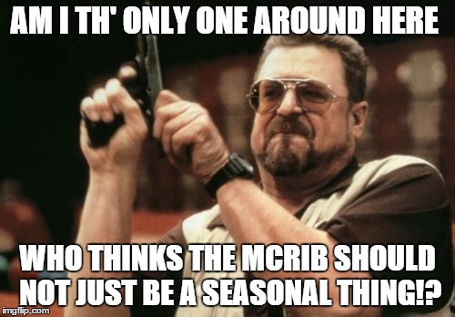 Am I The Only One Around Here | AM I TH' ONLY ONE AROUND HERE; WHO THINKS THE MCRIB SHOULD NOT JUST BE A SEASONAL THING!? | image tagged in memes,am i the only one around here | made w/ Imgflip meme maker