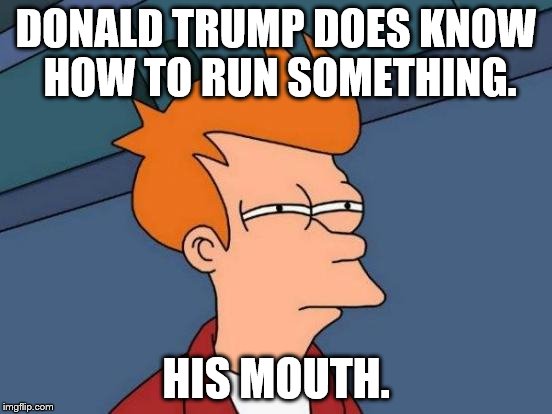 Futurama Fry | DONALD TRUMP DOES KNOW HOW TO RUN SOMETHING. HIS MOUTH. | image tagged in memes,futurama fry | made w/ Imgflip meme maker