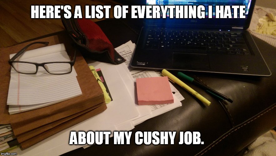 HERE'S A LIST OF EVERYTHING I HATE; ABOUT MY CUSHY JOB. | image tagged in cushy job | made w/ Imgflip meme maker